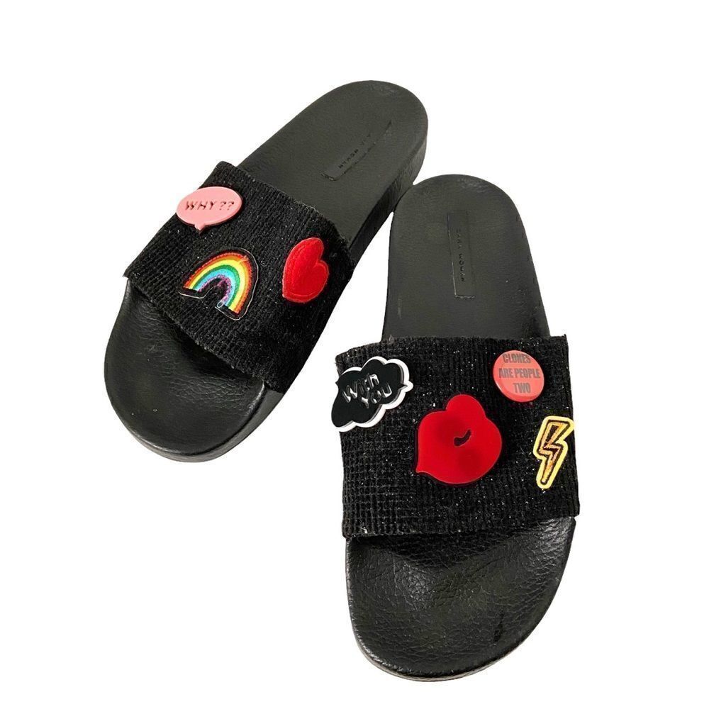Zara Black Slides with Rainbow Kiss Cloud Charms in Size EU 40 Made in Spain